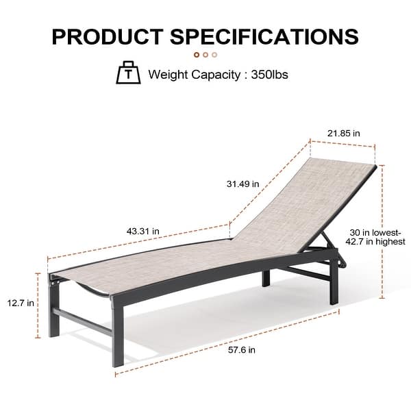 dimension image slide 6 of 8, Outdoor All-Weather Patio Chaise Lounge Chairs Sun Lounger with Adjustable Backrest