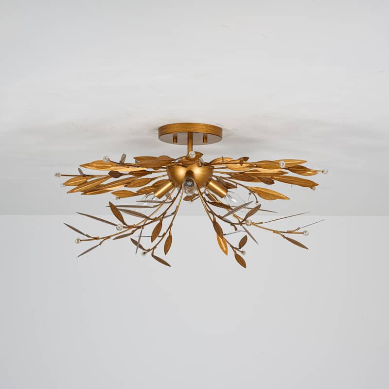 24" W Mid-Century Antiqued Gold Branches Leaf Design Semi-Flush Mount Ceiling Light with Crystal Beads for Living Room & Bedroom