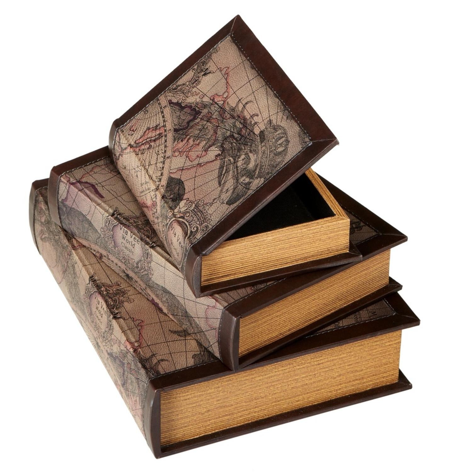 Shop Set Of 3 Brown Antique World Map Faux Book Decorative Boxes