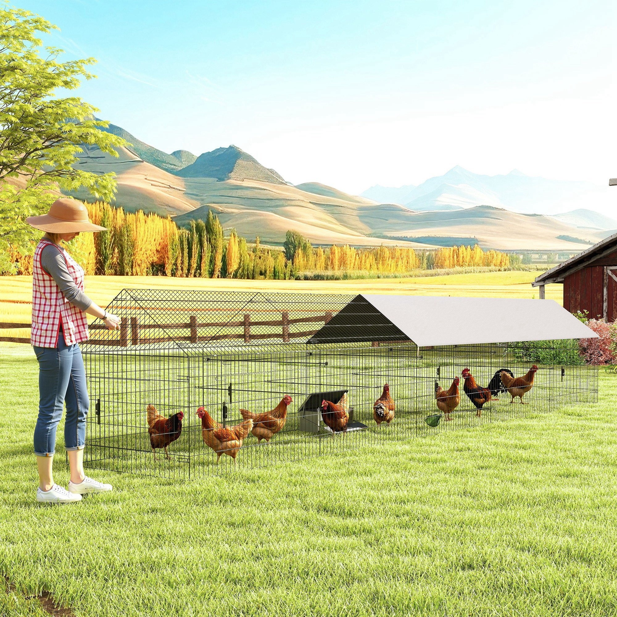 PawHut 21'x3.5'x3.6' Metal Chicken Coop Run Enclosure with 10 Doors