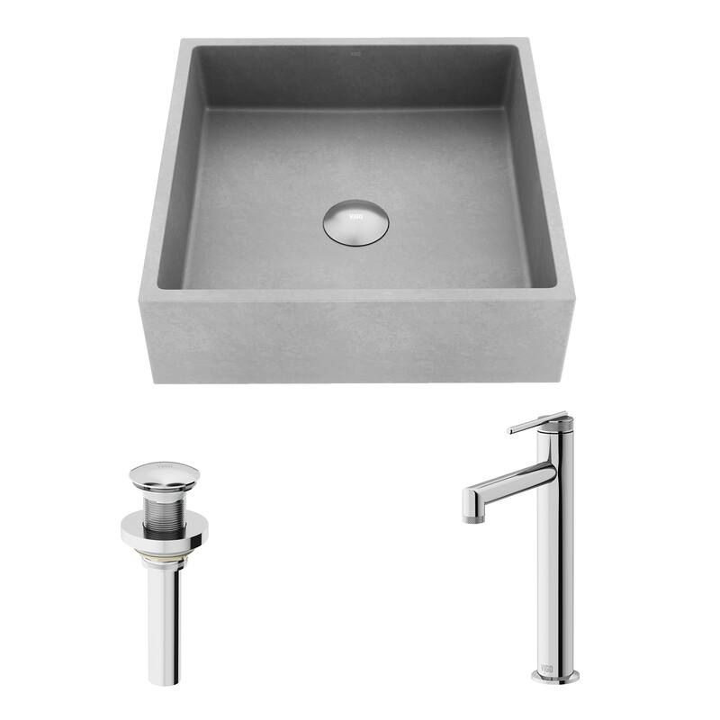 VIGO Alhambra 15"L x 15"W Concrete Vessel Sink and Sterling 11"H Faucet Set