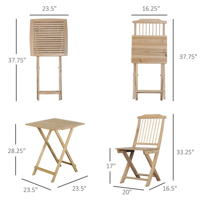 3 Pieces Patio Folding Bistro Set, 1 Pine Wood Square Coffee Table & 2 Chairs with Tie-on Cushion