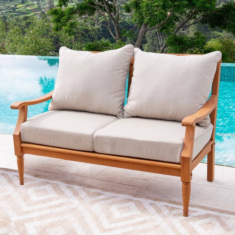 Cambridge Casual Livingston Teak Outdoor Loveseat with Cushion - Natural Teak/Beige Cushion
