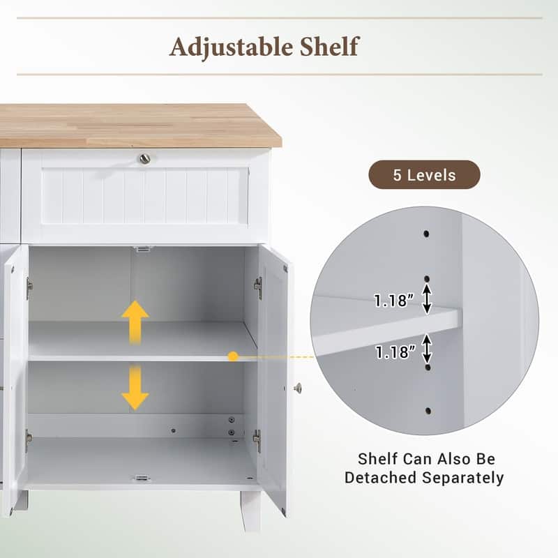 Farmhouse-Style Kitchen Island Set with Drop-Leaf Table, Two Seats, Storage Cabinet, Drawers, and Towel Rack‌