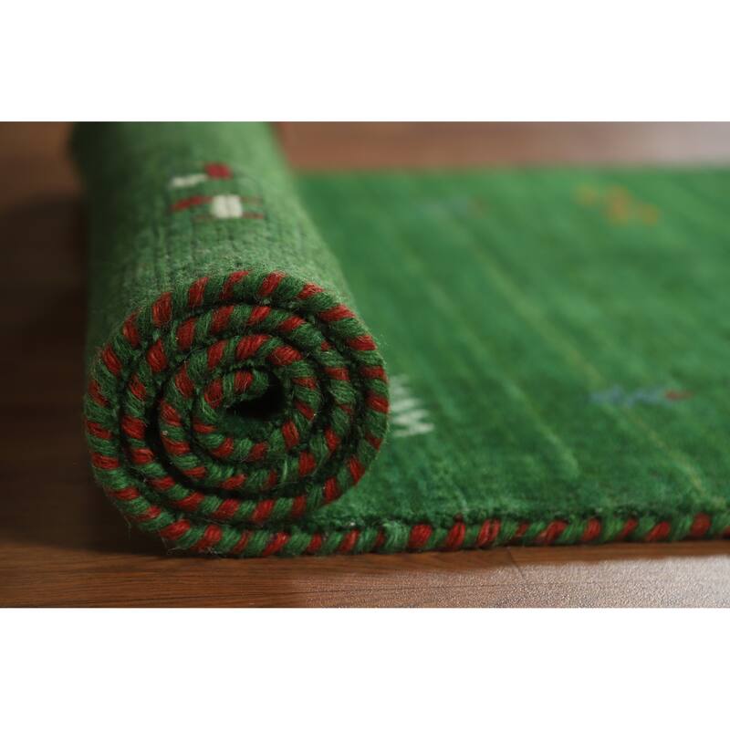 Green Gabbeh Indian Runner Rug Handmade Tribal Wool Carpet - 2'7" x 7'7"