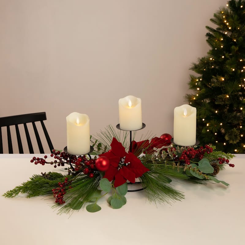 32" Triple Candle Holder with Red Berry and Poinsettia Christmas Decor