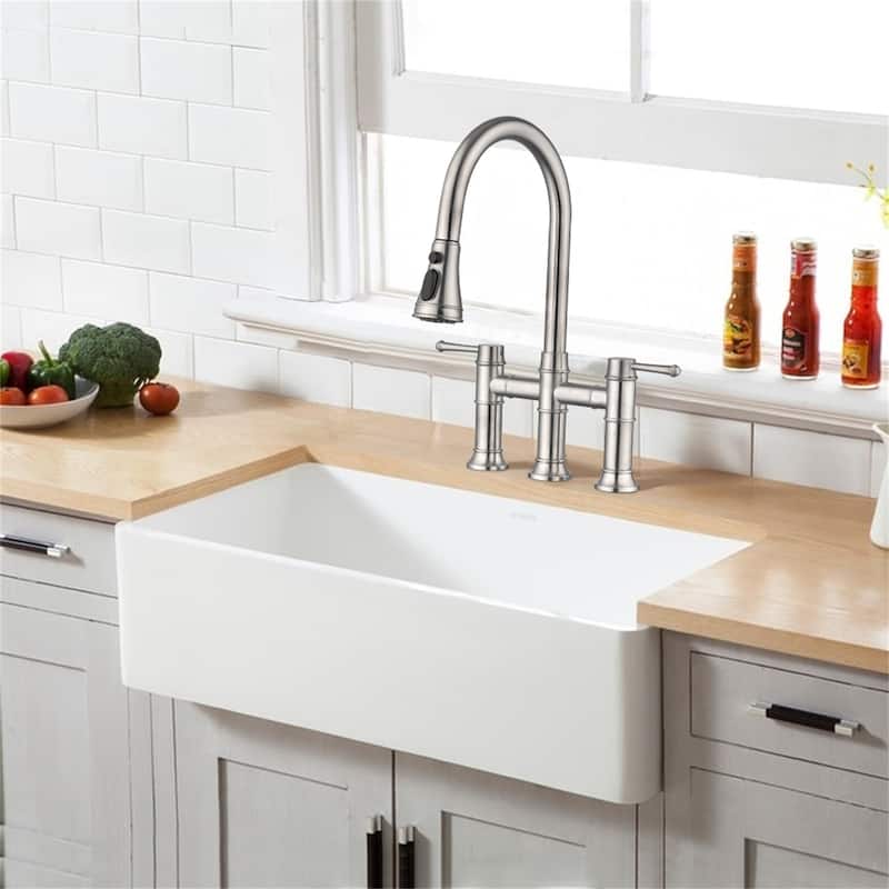 Bridge Kitchen Faucet With Pull Down Sparyer 3 Hole Kitchen Sink Faucet Double Handle 304 Stainless Steel Taps