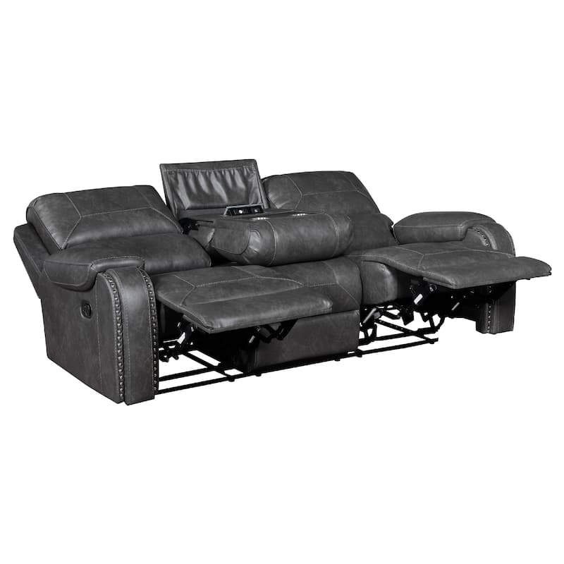 Dean Reclining Sofa, Pillow Tufted Gray Faux Leather 87 Inch
