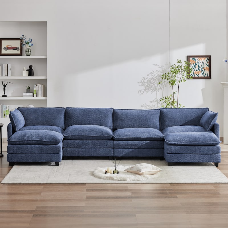 CLICKBIN Chenille Fabric Stragiht Arm L-Shaped Modular Sectional Sofa Couch with Ottoman for Living Room - Royalblue-4 Seat