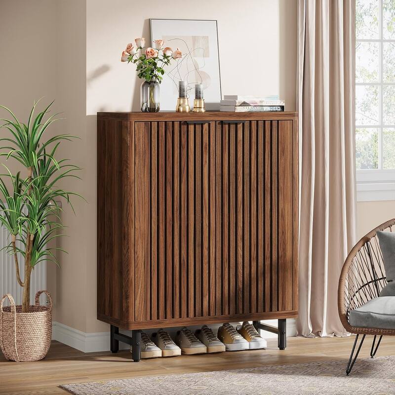 6-Tier Shoe Cabinet with Shutter Doors Adjustable Shelves Wooden Storage Cabinet for Entryway/Hallway/Closet/Living Room