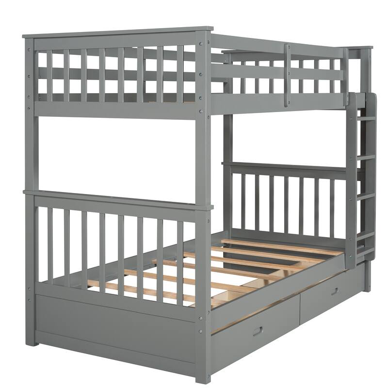 Twin-Over-Twin Bunk Bed with Ladders and Two Storage Drawers