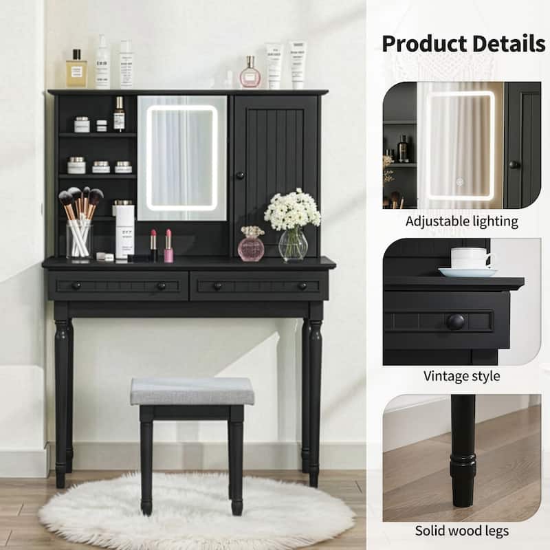 Vanity Desk with Adjustable Lighted Mirror & Upholstered Stool