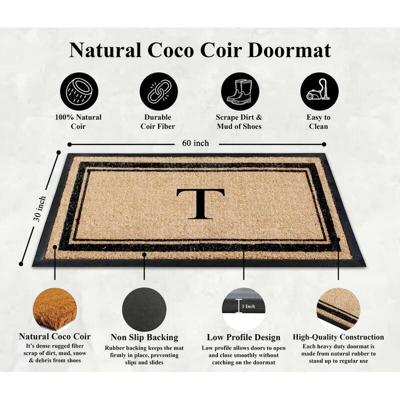 A1HC Natural Coir & Rubber Non Slip Thin Profile Front Door Large Monogrammed Door Mats 30x60 Inches