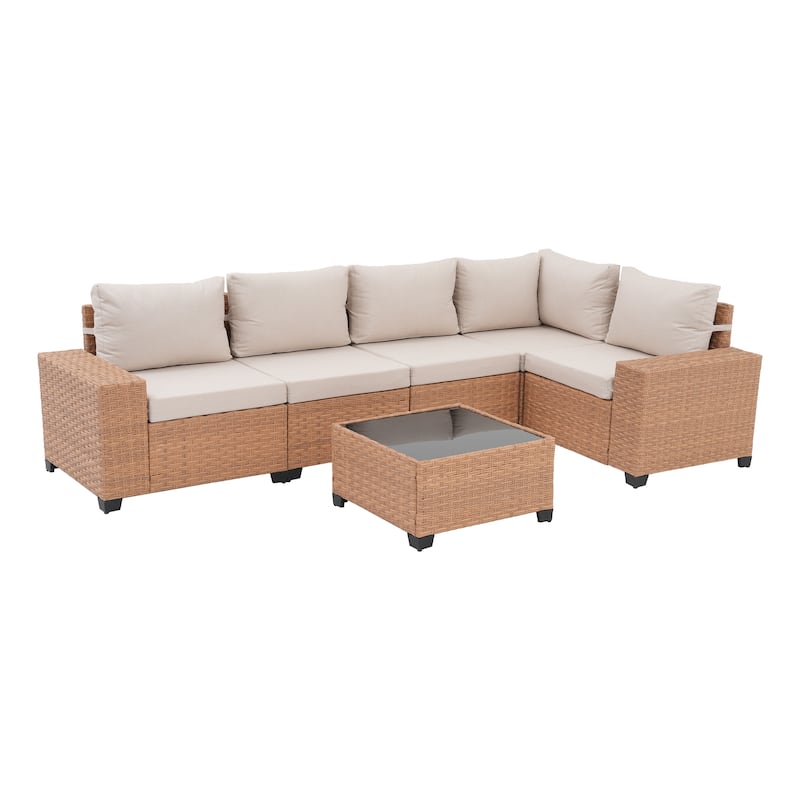 Outdoor Conversation Set L-Shaped Sectional Sofa 6-Piece with Cushions and Coffee Table PE Wicker Rattan Weather-Resistant