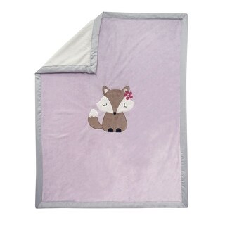 Lambs & Ivy Soft Minky Lavender Baby Blanket with Embroidered Fox and Satin Border