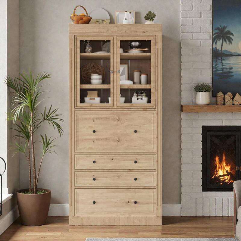 78" Freestanding Kitchen Pantry Cabinet with 3 Drawers, Glass Doors, Adjustable Shelves and Built-In Power Outlet