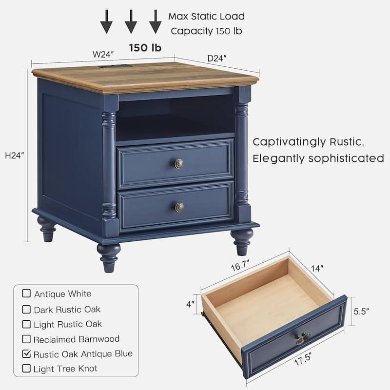 Farmhouse End Table, Sofa Side Table with Charging Station, Nightstand
