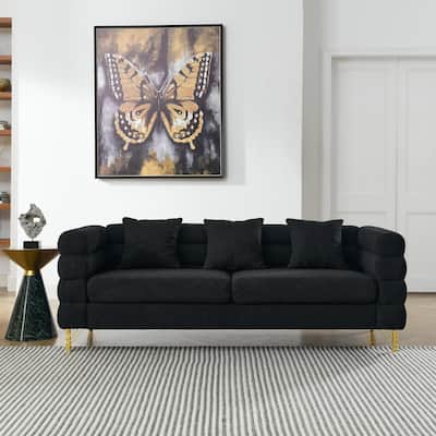 Roomfitters Luxury 3-Seater Teddy Fabric Sofa with Gold Metal Legs, Deep Seating Couch with Pillows