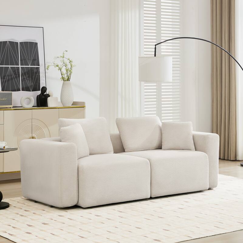 Corduroy Sectional Modular Sofa with Square Arms & Ottoman Extension for Flexible Arrangements