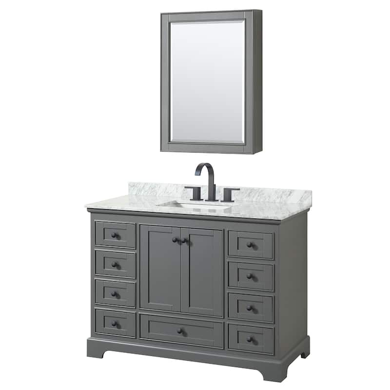 Deborah 48-inch Single Bathroom Vanity, Medicine Cabinet - Dark Gray, Black Trim, White Carrara Marble Top