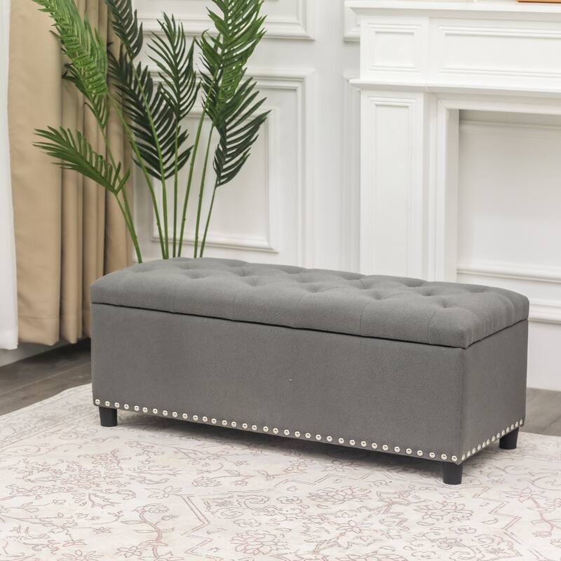 Adeco 41 Inches Storage Bench Linen Tufted Top Ottoman for Living Room