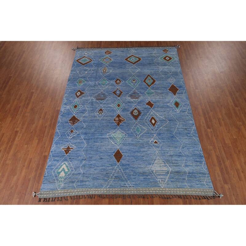 Blue Geometric Moroccan Area Rug Hand-Knotted Wool Carpet - 8'7"x 12'2"