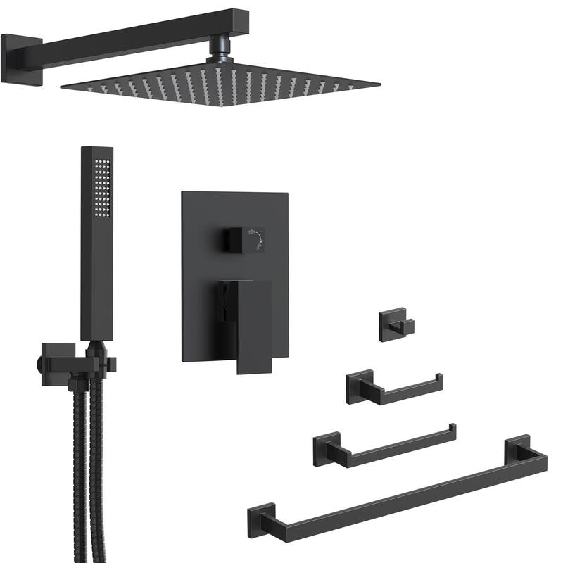 GRANDJOY 10" Rainfall Shower System with 4-Piece Bathroom Towel Bar Hardware Set Combo - Matte Black