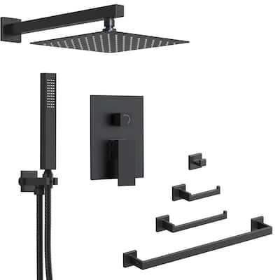 GRANDJOY 10" Rainfall Shower System with 4-Piece Bathroom Towel Bar Hardware Set Combo