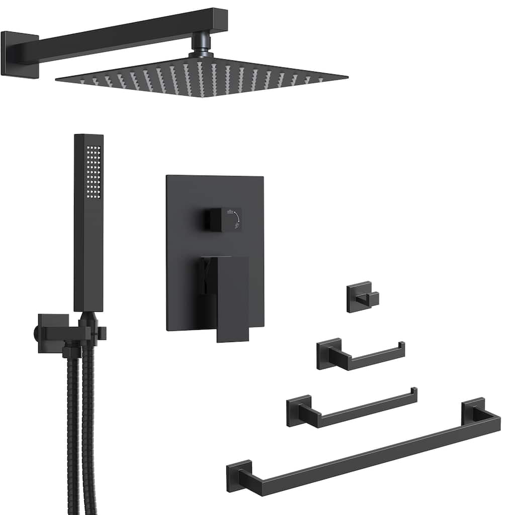 GRANDJOY 10" Rainfall Shower System with 4-Piece Bathroom Towel Bar Hardware Set Combo