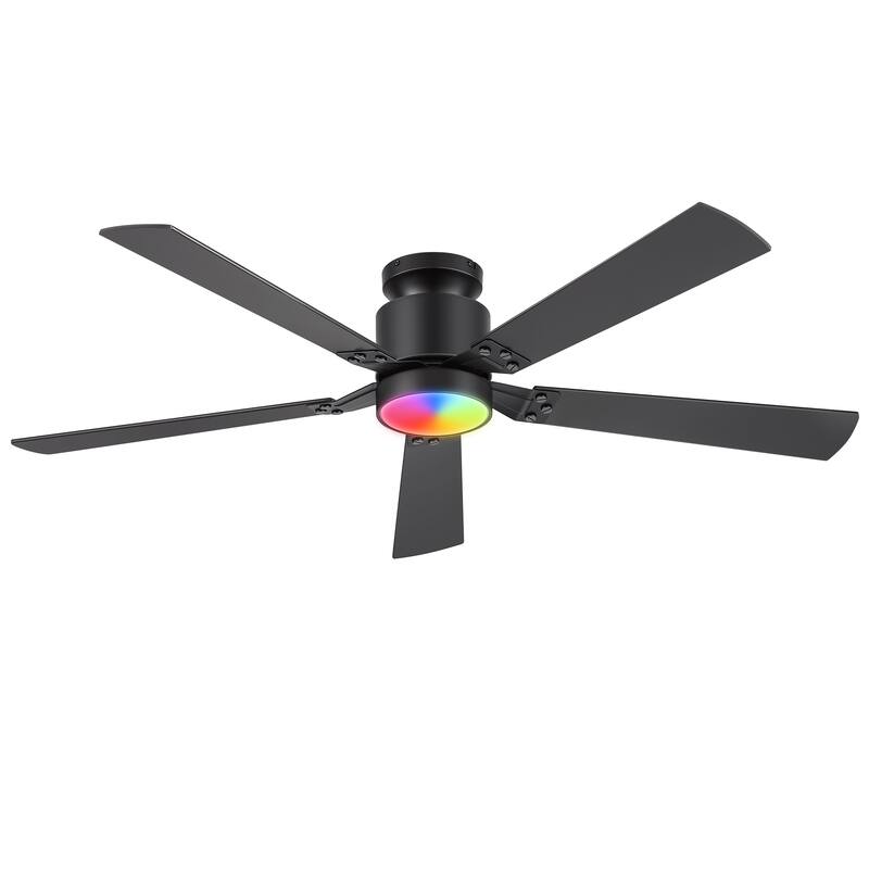 52-Inch Matte Black Flush Mount Ceiling Fan with RGB LED Light and Remote