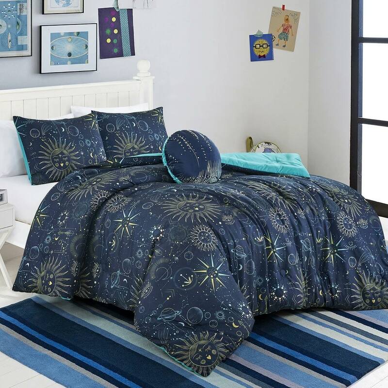 Blue Space Astro Geometric Reversible Kids Quilt Coverlet Bedspread Bedding Set - Full - Queen