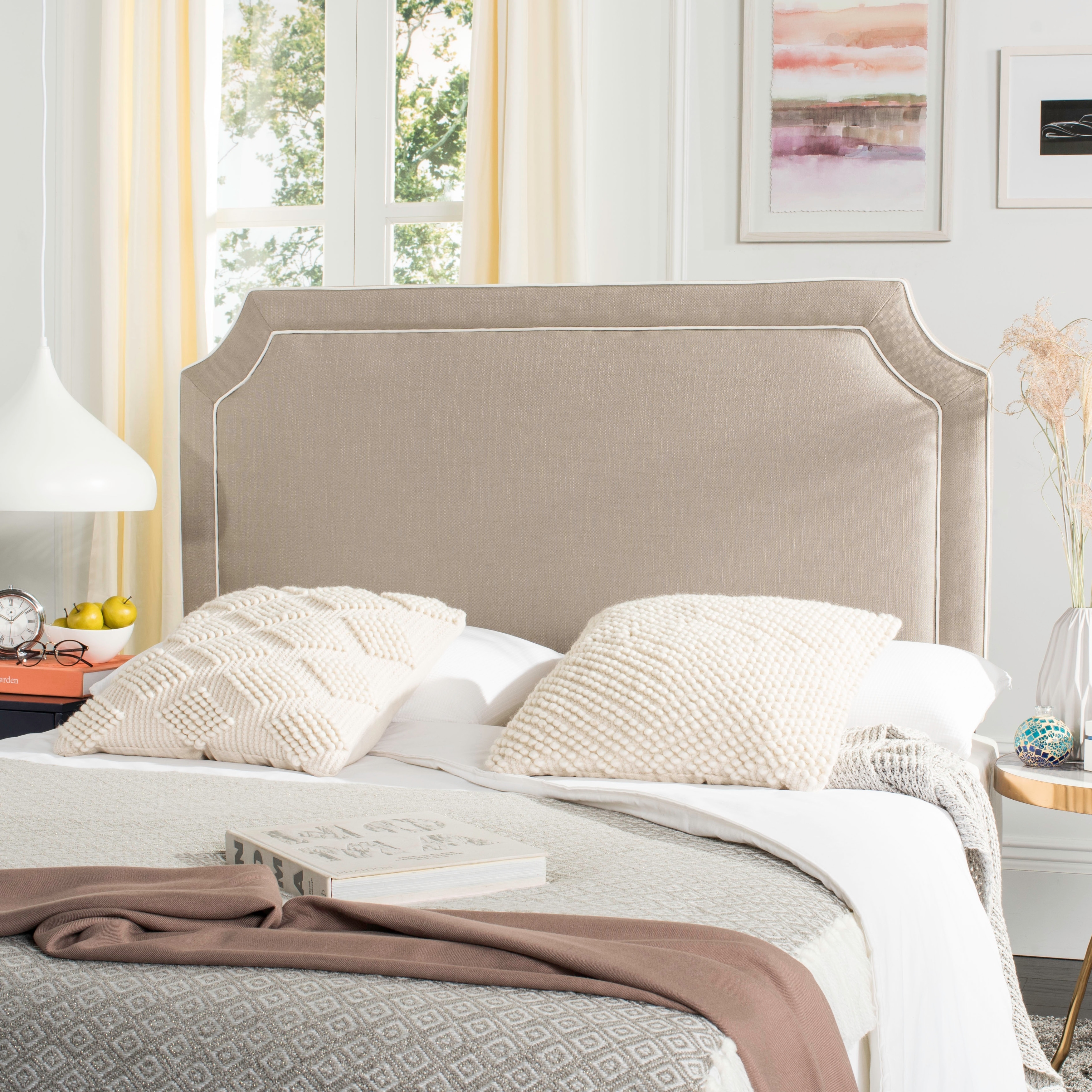 Safavieh Dane Grey White Piping Upholstered Headboard Queen