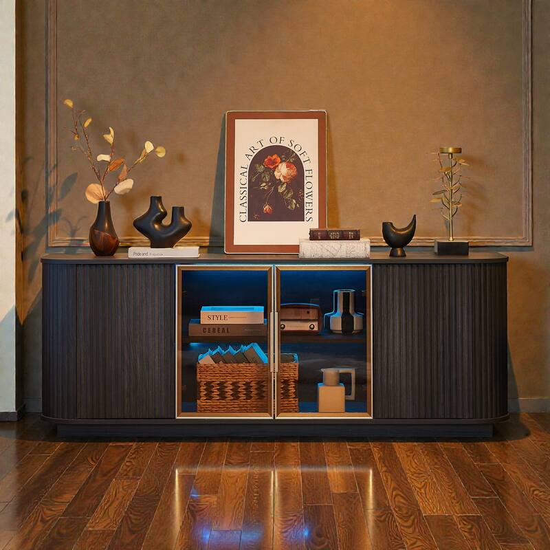 64'' Wavy TV Cabinet with LED Lights, Curved Sideboard with Vertical Stripes & Tempered Glass Doors for Living Room or Bedroom