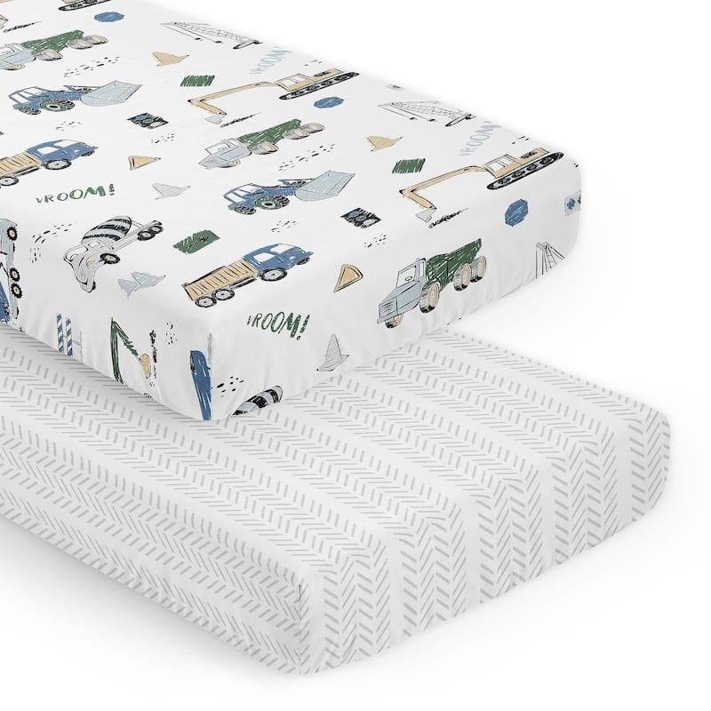Sweet Jojo Designs Green Blue Construction Truck Boy 2 Pack Fitted Crib Sheets Transportation Tire Tracks Navy Black and White