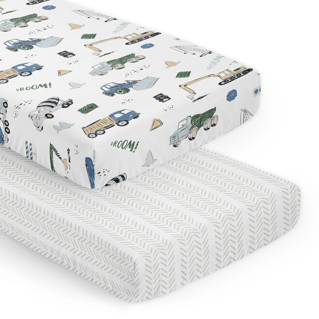 Sweet Jojo Designs Green Blue Construction Truck Boy 2 Pack Fitted Crib Sheets Transportation Tire Tracks Navy Black and White