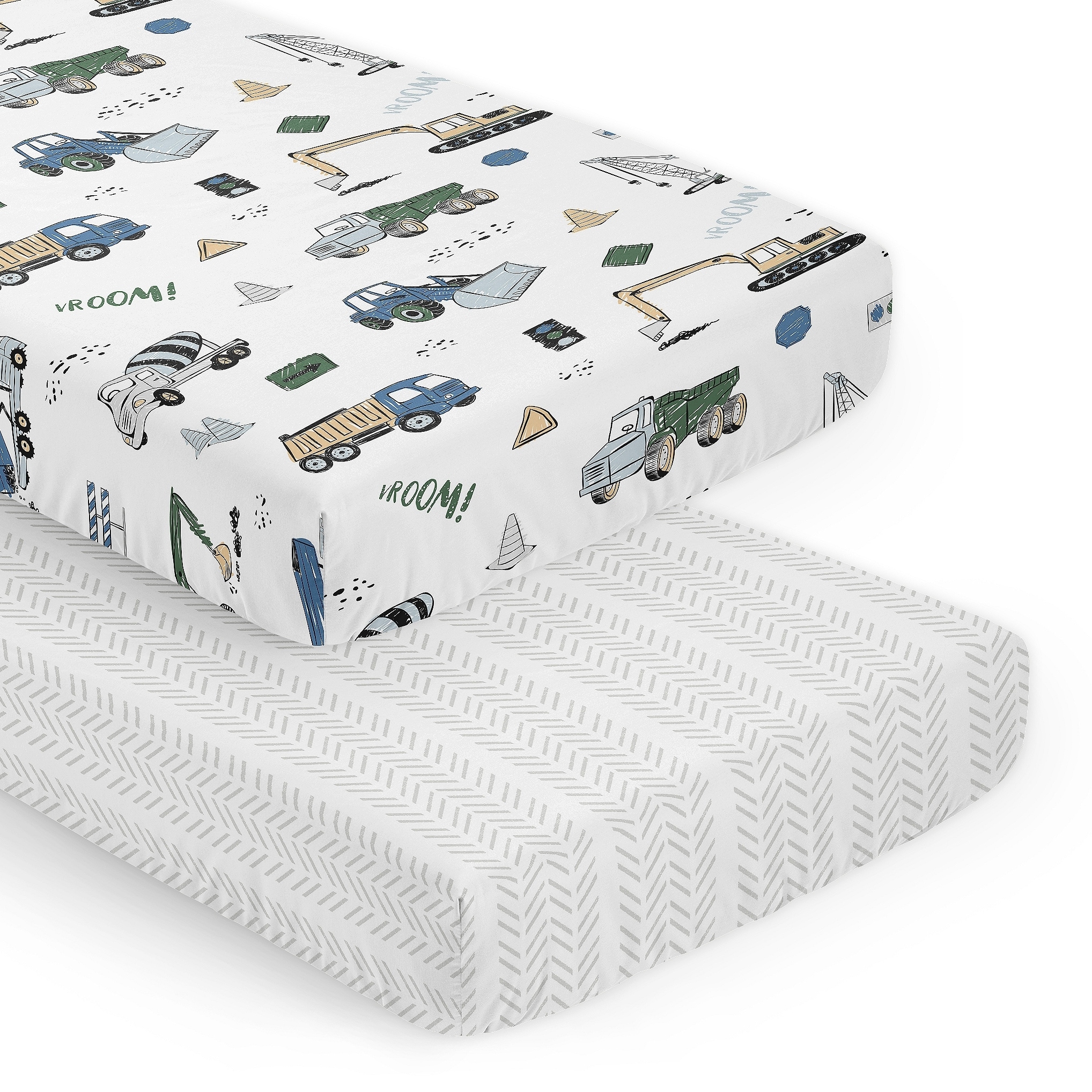 Sweet Jojo Designs Green Blue Construction Truck Boy 2 Pack Fitted Crib Sheets Transportation Tire Tracks Navy Black and White