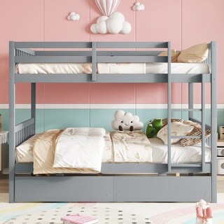 Full over Full Rubber Wood Bunk Bed with 2 Drawers,Convertible into 2 Full Beds,Ladder and Safety Guardrails