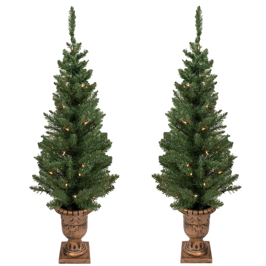 Set of 2 Pre-Lit Potted Porch Pine Topiary Slim Artificial Christmas Trees 4' - Clear Lights