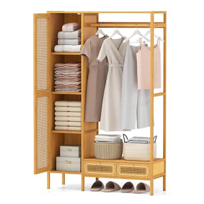 Costway Bamboo Clothing Rack with Cabinet Hanging Rod Storage Shelf & - Natural - See Details