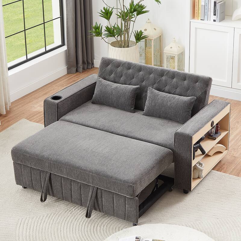 61.41" Chenille Convertible Sofa Bed with Adjustable Backrest, USB & Cup Holders - Grey