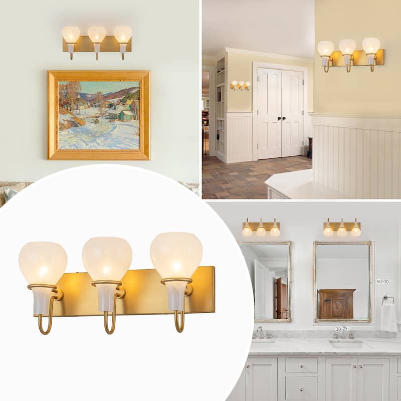 Modern Gold Vanity Light with Clouded Glass Bulb-Vase Shades Bathroom