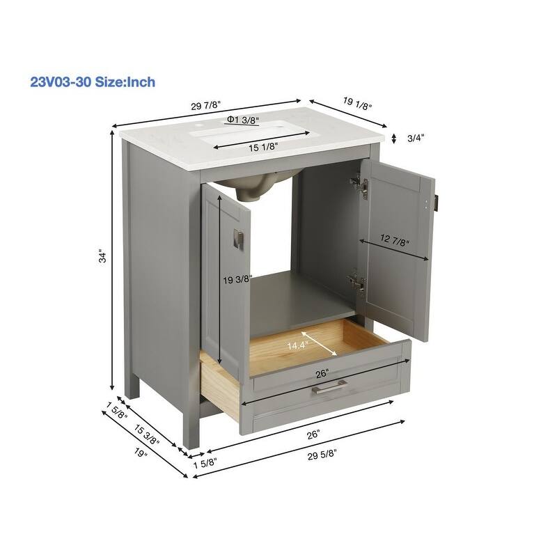 ABRUZZO 30" Freestanding Bathroom Vanity with Carrara Marble Top Solid Wood Frame Soft-Close Doors Undermount Ceramic Sink