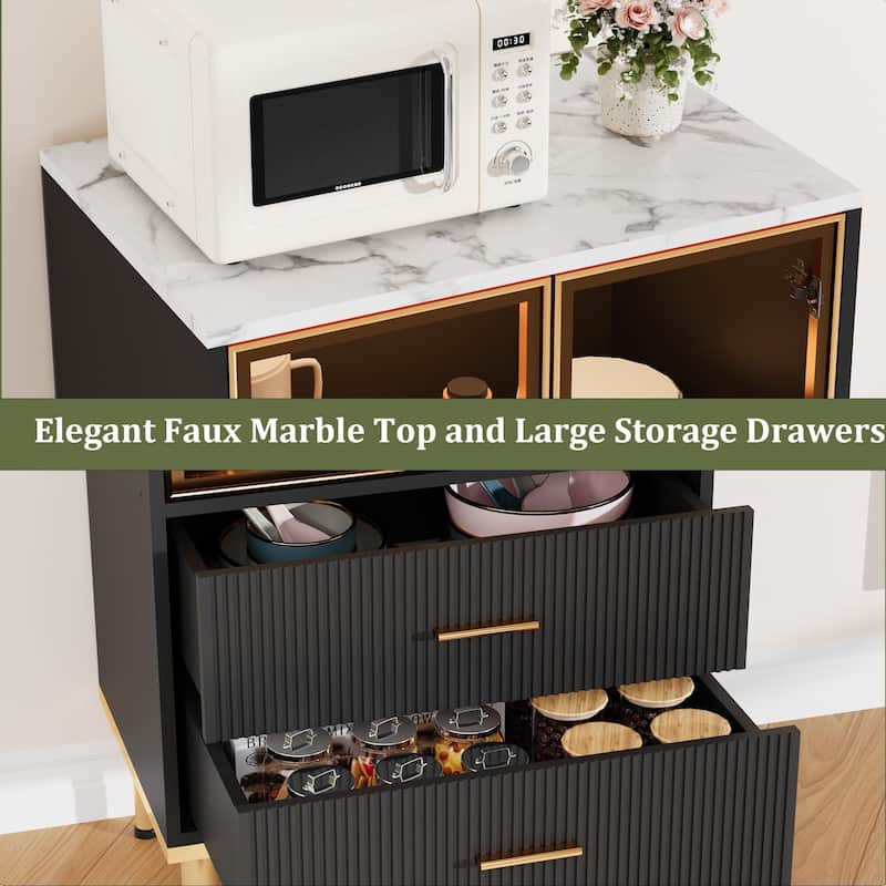 Pantry Cabinet, Freestanding Kitchen Storage Cabinet with Glass Door and 2 Drawers, Modern Kitchen Cupboard with 2