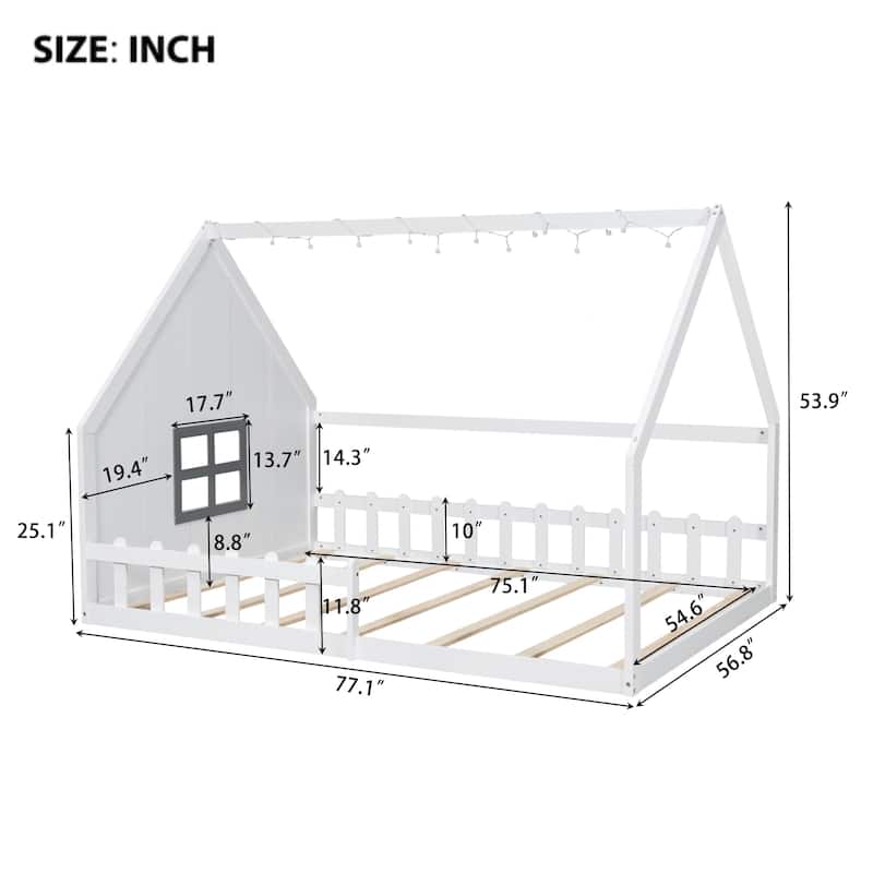 Full Size White Wood House Bed with Window and Fence, LED Light, No Box Spring Required