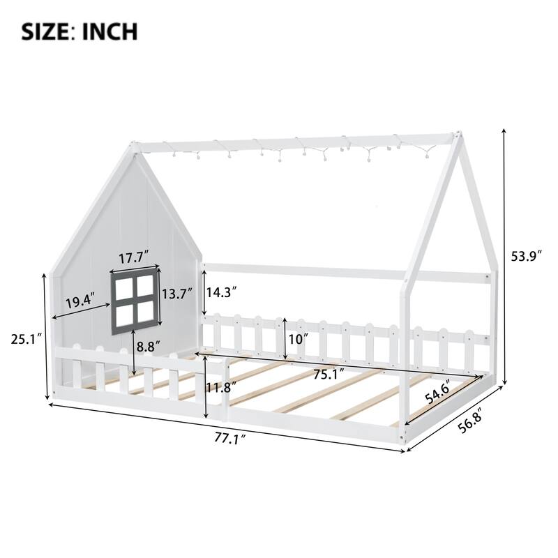 Full Size Wood House Bed with Window and Fence - White
