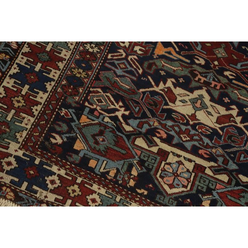 Hand Knotted Oriental 100% Wool Carpet Traditional Geometric Navy Blue & Blues Kazak Area Rug - 5' 2'' X 3' 10''