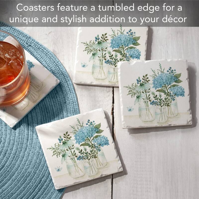 Mason Jars & Florals 4 Pack Absorbent Stone Coasters with Protective Cork Backing Made in The USA Square Absorbent Wipes Clean