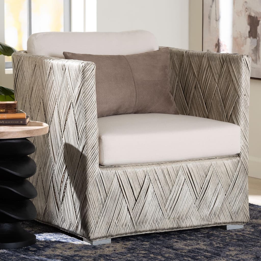 Melbourne Natural Rattan Lounge Chair - Handwoven Wicker Armchair with Tuxedo Frame for Living Room, Lounge, or Sun Room