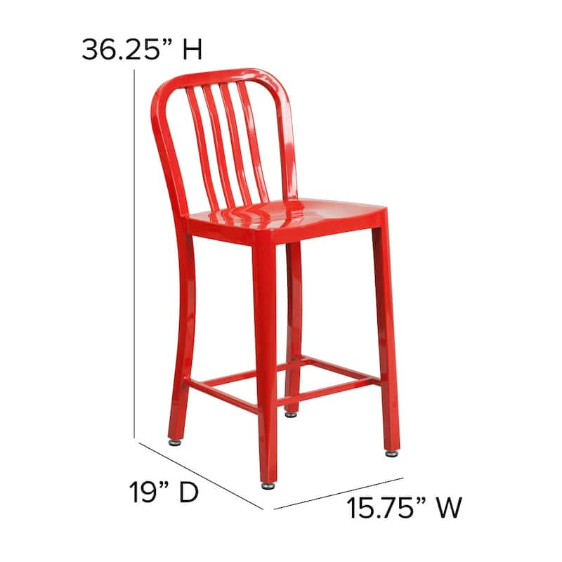 24'' High Metal Indoor-Outdoor Counter Height Stool with Vertical Slat Back
