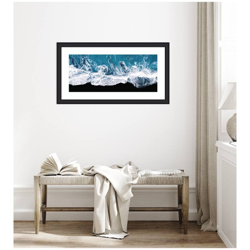 Kate and Laurel Framed Art Minimalist Ocean Waves on the Black Beach in Iceland Panel by Michael Schauer
